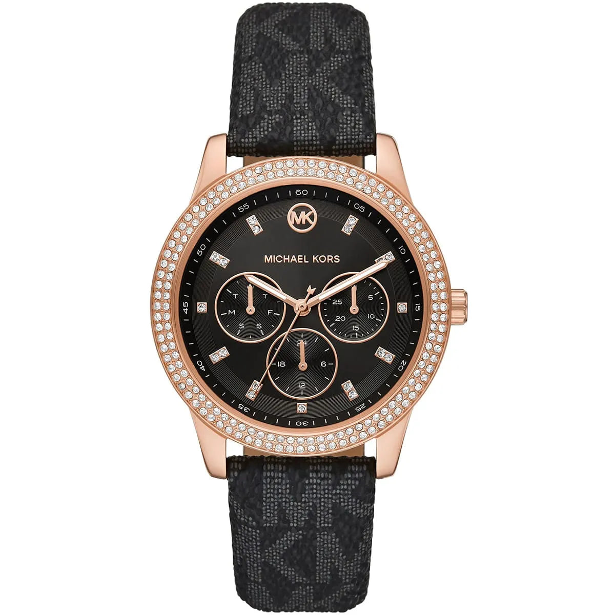Michael Kors Tibby MK6968 women's black dial black leather strap watch front view