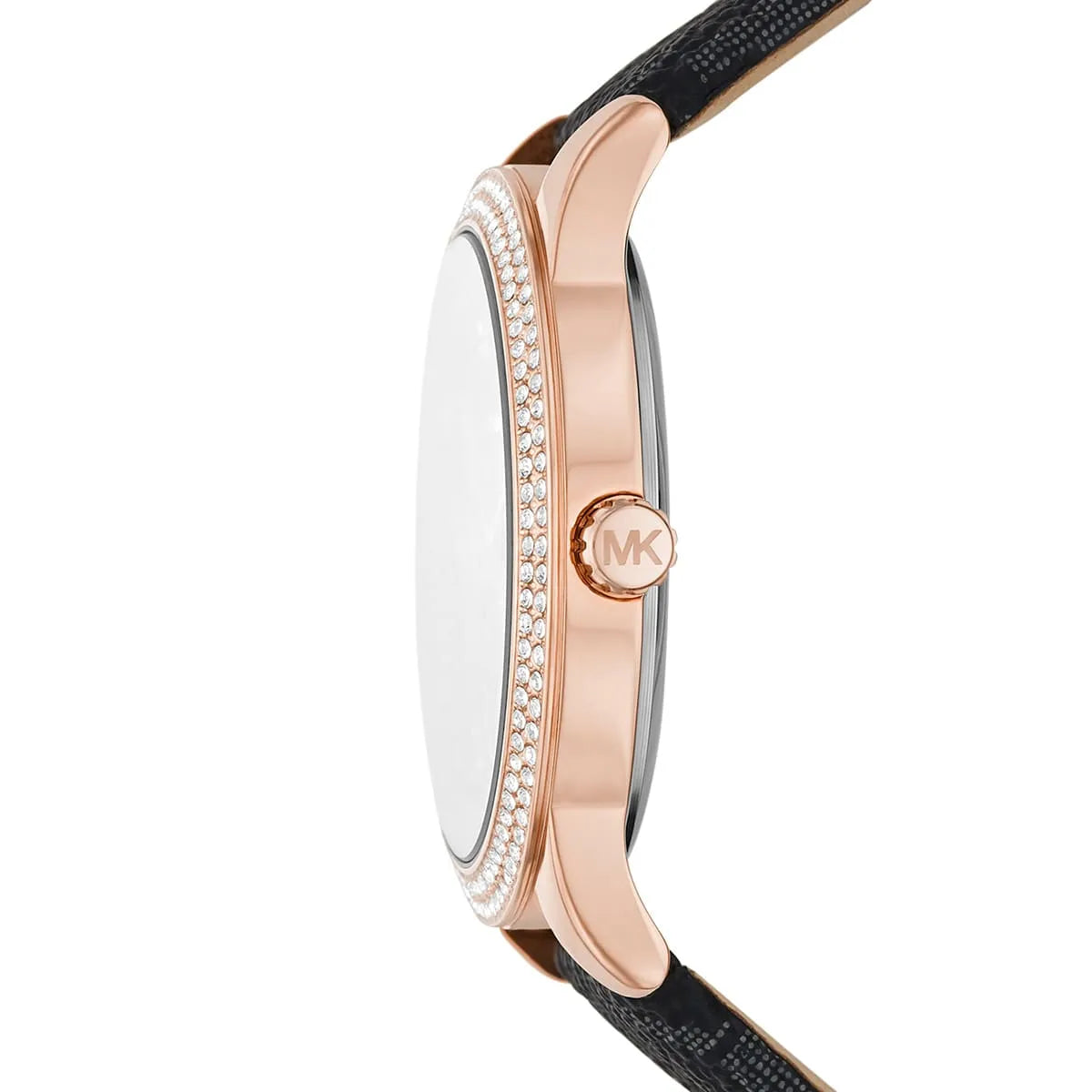 Side profile of Michael Kors Tibby MK6968 black genuine leather strap watch