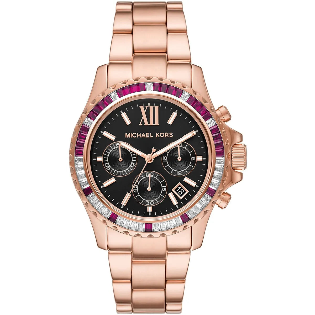Michael Kors Everest MK6972 women's black dial rose gold stainless steel watch front view