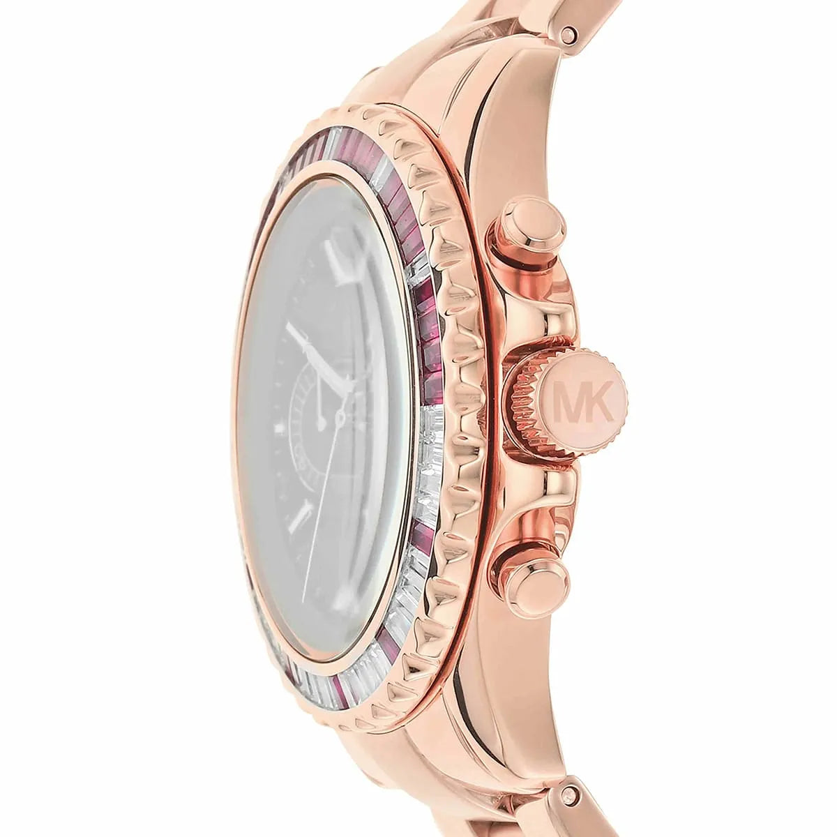 Side profile of Michael Kors Everest MK6972 rose gold stainless steel bracelet watch