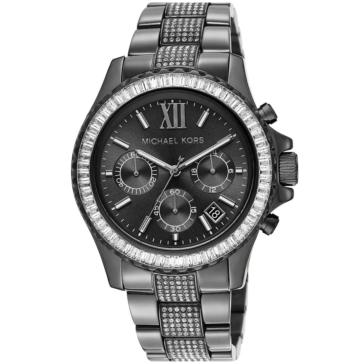 Close-up of Michael Kors MK6974 black chronograph dial with monthly date display