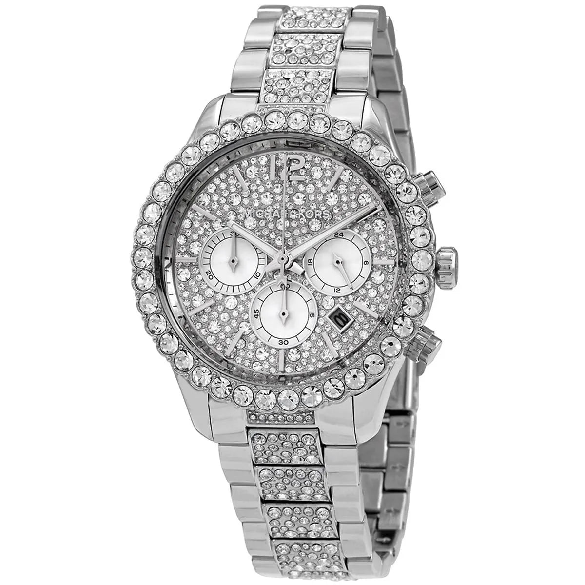 Close-up of Michael Kors MK6976 silver chronograph dial with date display