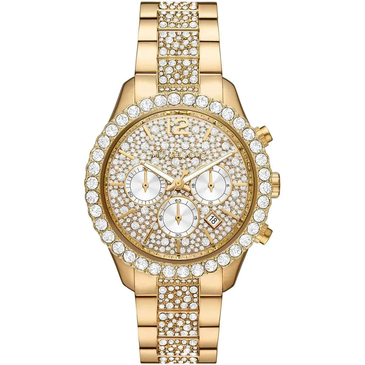 Michael Kors Layton MK6977 women's gold dial gold stainless steel chronograph watch front view