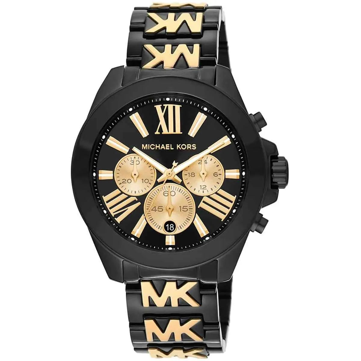 Close-up of Michael Kors MK6978 black chronograph dial with monthly date display