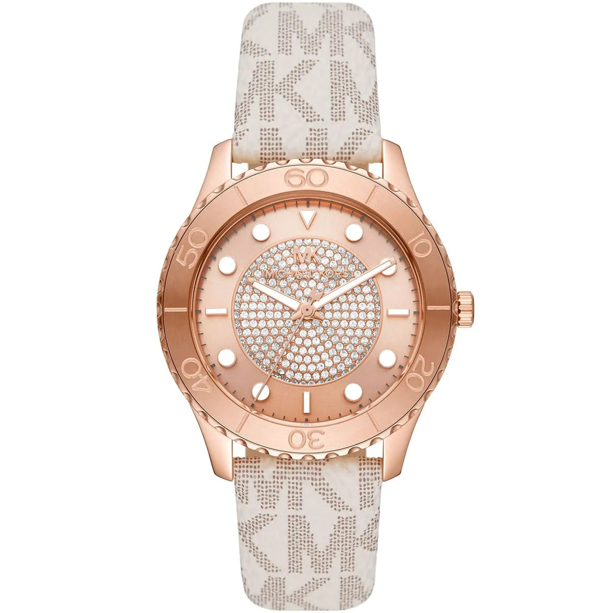 Michael Kors Runway MK6980 women's rose gold dial white polyurethane strap watch front view