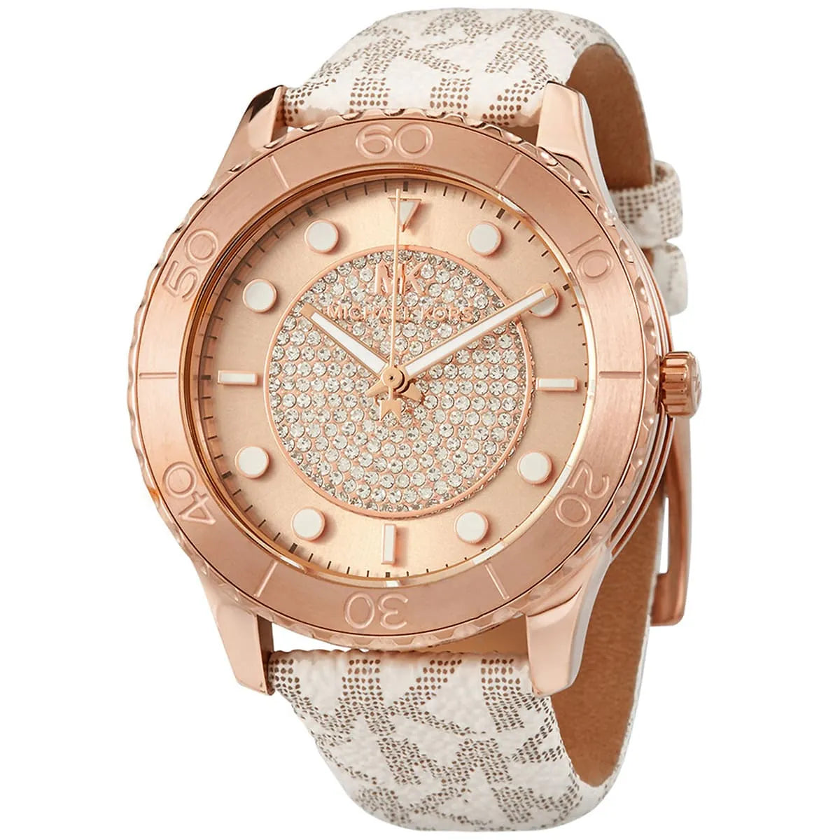 Close-up of Michael Kors MK6980 rose gold analog dial with white strap