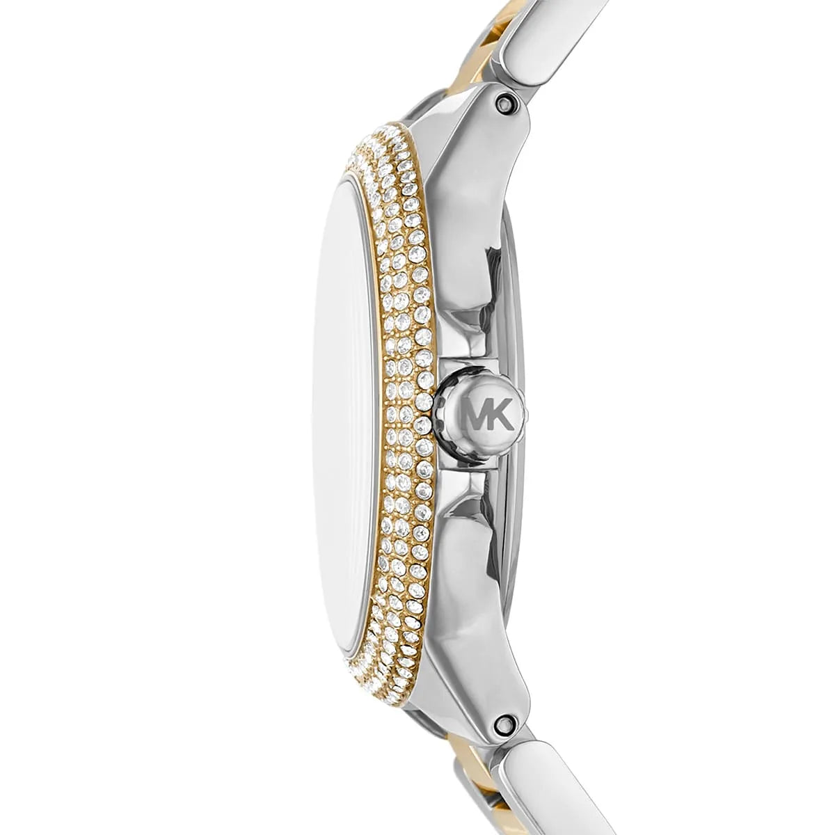 Side profile of Michael Kors Camille MK6982 silver and gold stainless steel bracelet watch