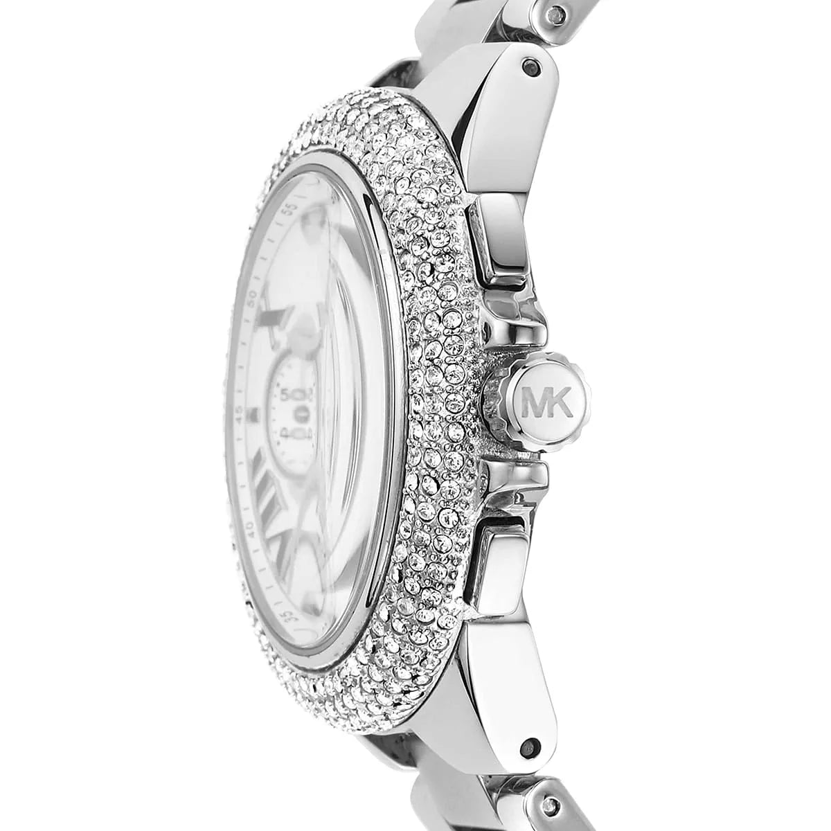 Side profile of Michael Kors Camille MK6993 silver stainless steel bracelet watch
