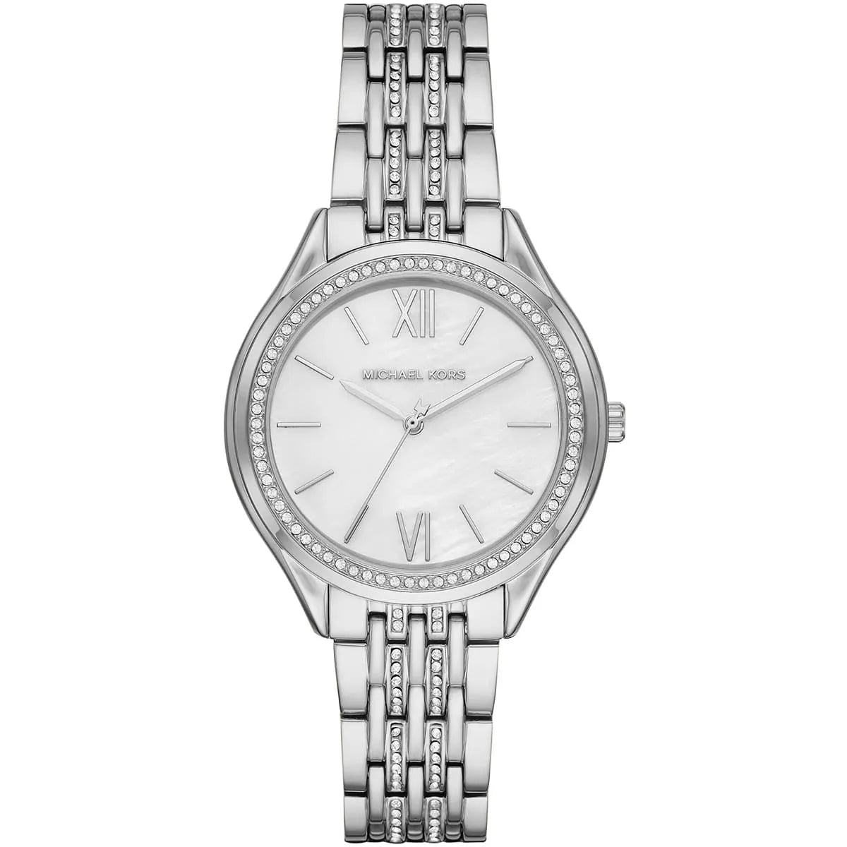 Michael Kors Mindy MK7075 women's white dial silver stainless steel watch front view