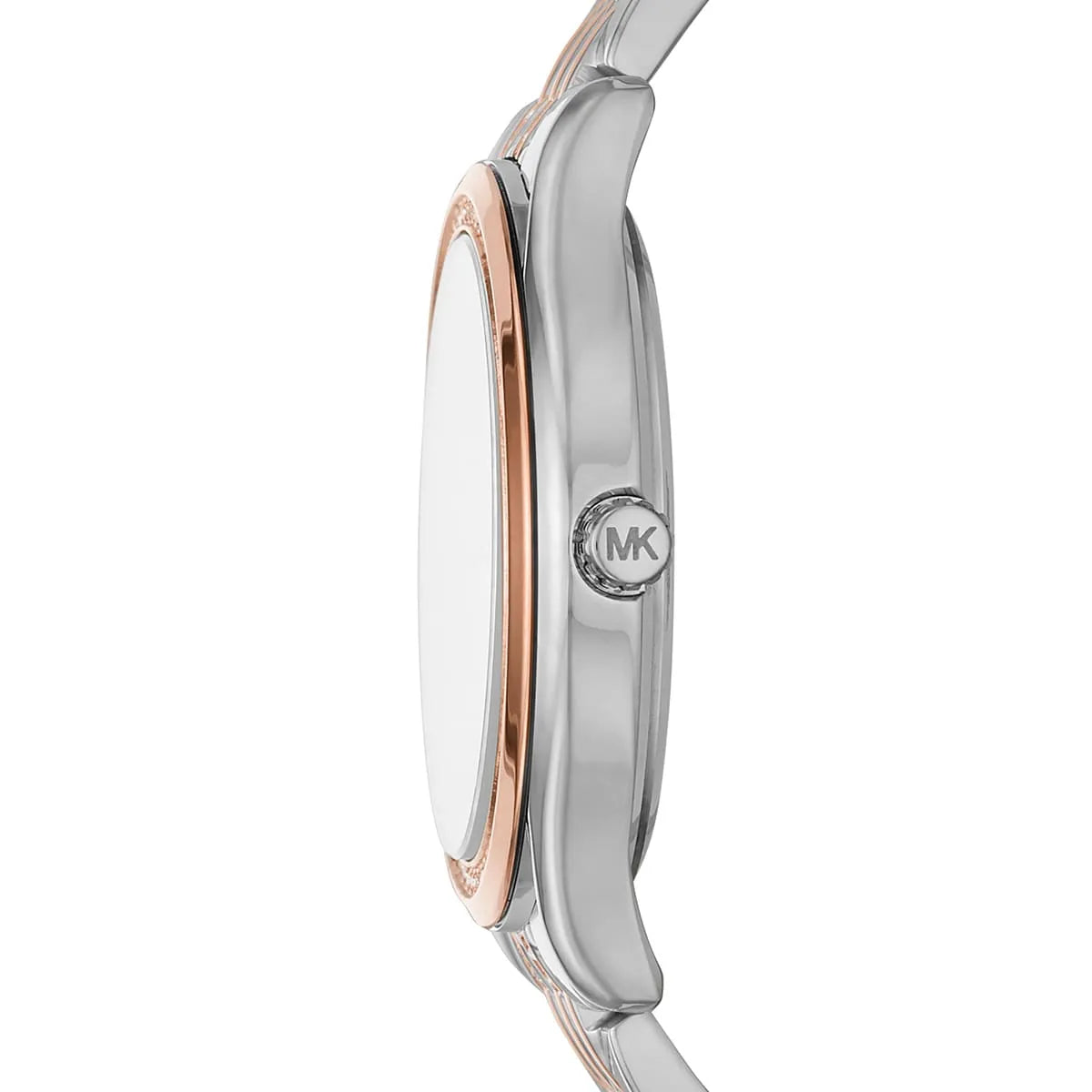 Side profile of Michael Kors Mindy MK7077 two-tone stainless steel bracelet watch