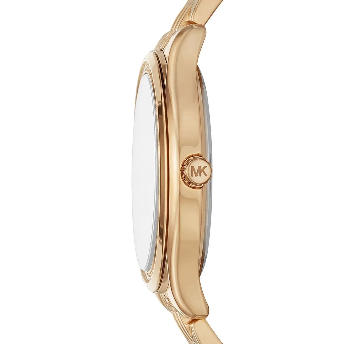 Side profile of Michael Kors Mindy MK7078 gold stainless steel bracelet watch