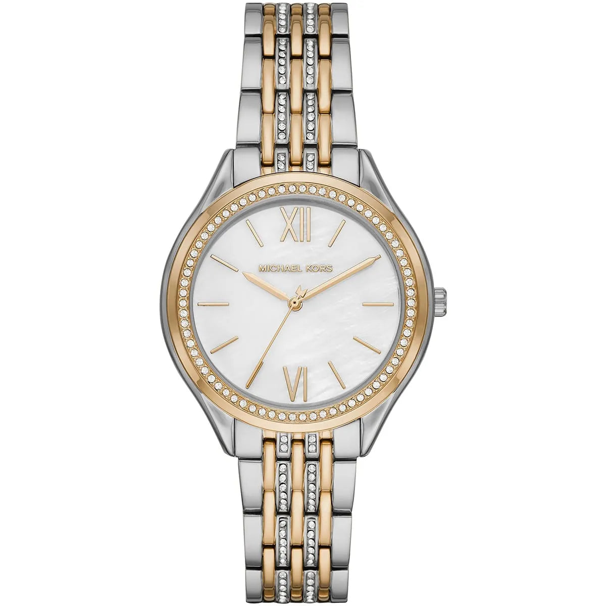 Michael Kors Mindy MK7084 women's white dial two-tone stainless steel watch front view