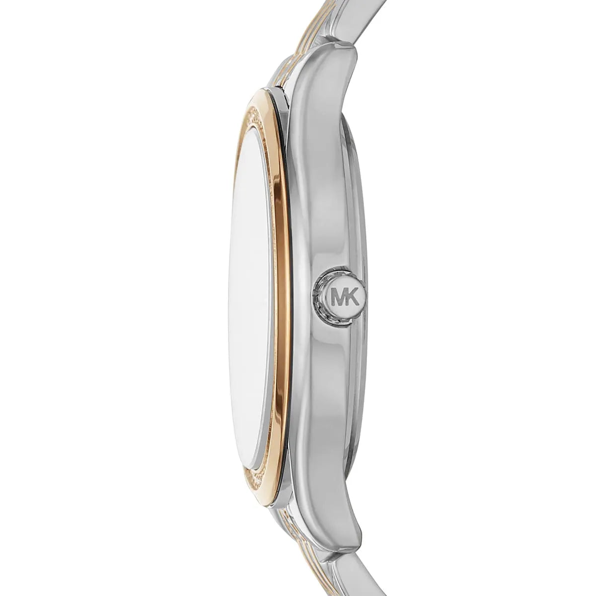 Side profile of Michael Kors Mindy MK7084 two-tone stainless steel bracelet watch