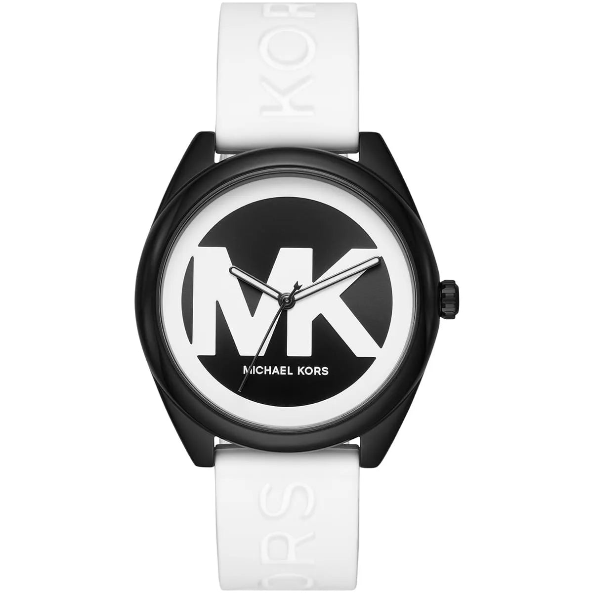 Michael Kors Janelle MK7137 women's black and white dial white silicone strap watch front view
