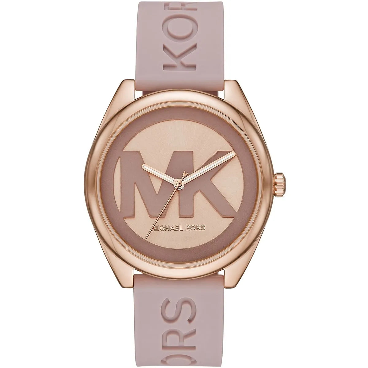 Michael Kors Janelle MK7139 women's rose gold dial pink silicone strap watch front view