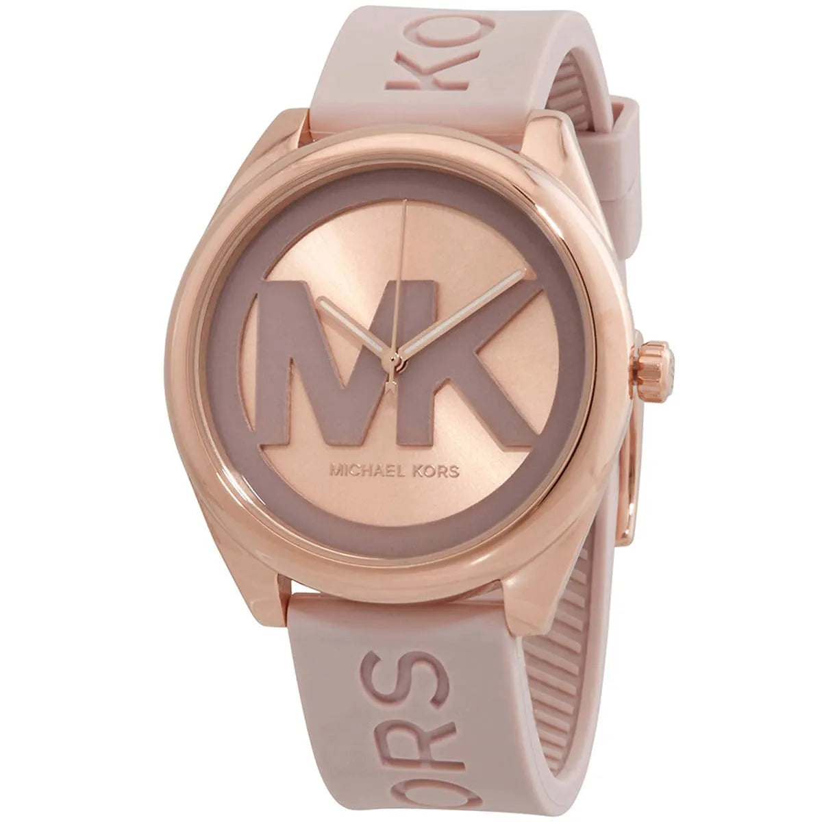 Close-up of Michael Kors MK7139 rose gold analog dial with pink strap