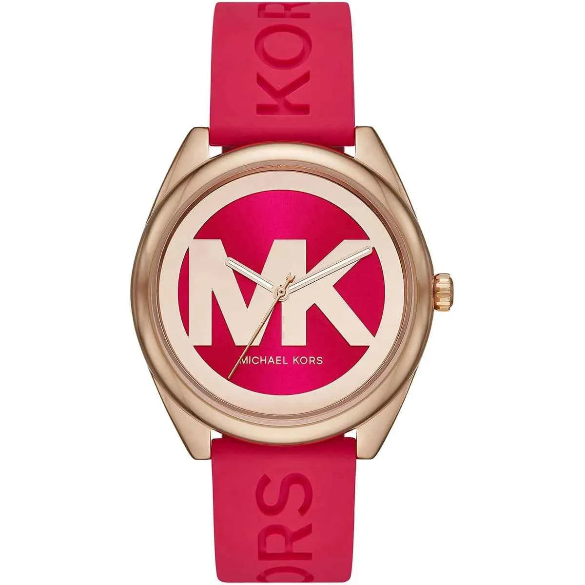 Michael Kors Janelle MK7142 women's pink dial pink silicone strap watch front view