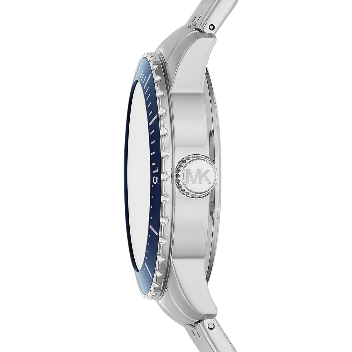 Side profile of Michael Kors Cunningham MK7153 silver stainless steel bracelet watch
