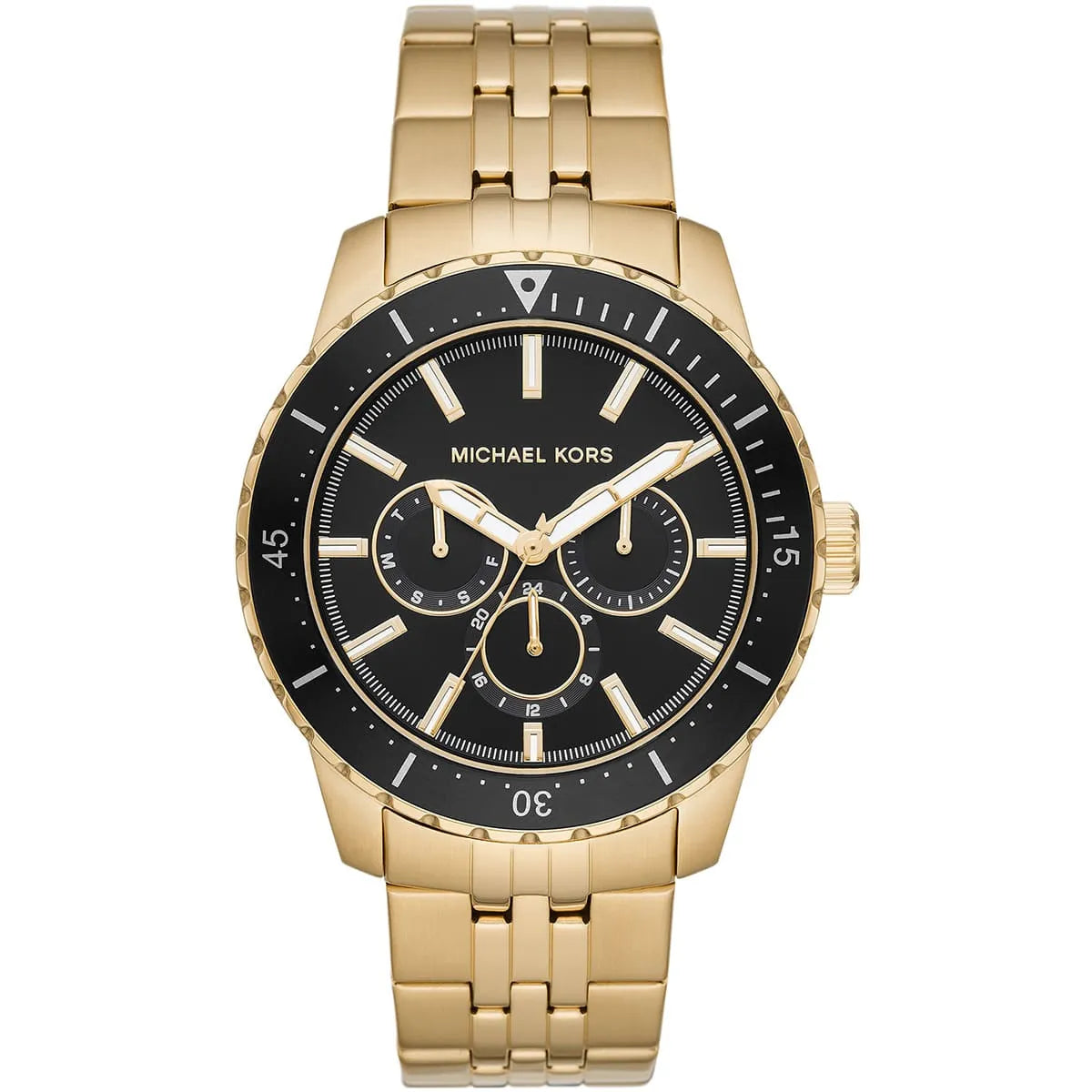Michael Kors Cunningham MK7154 men's black dial gold stainless steel watch front view