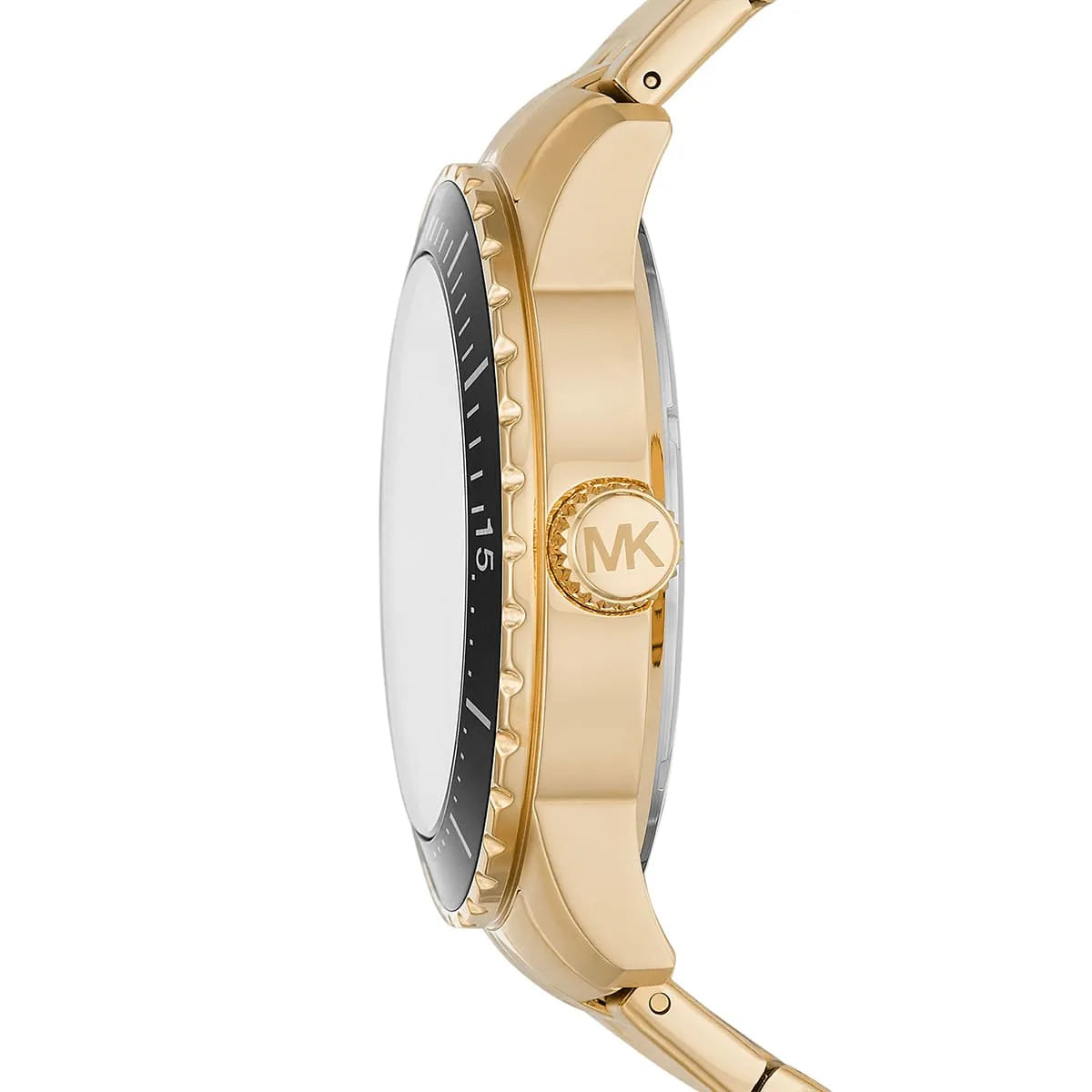 Side profile of Michael Kors Cunningham MK7154 gold stainless steel bracelet watch