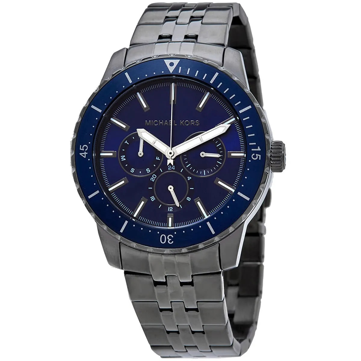 Close-up of Michael Kors MK7155 blue analog dial with monthly and weekly date display