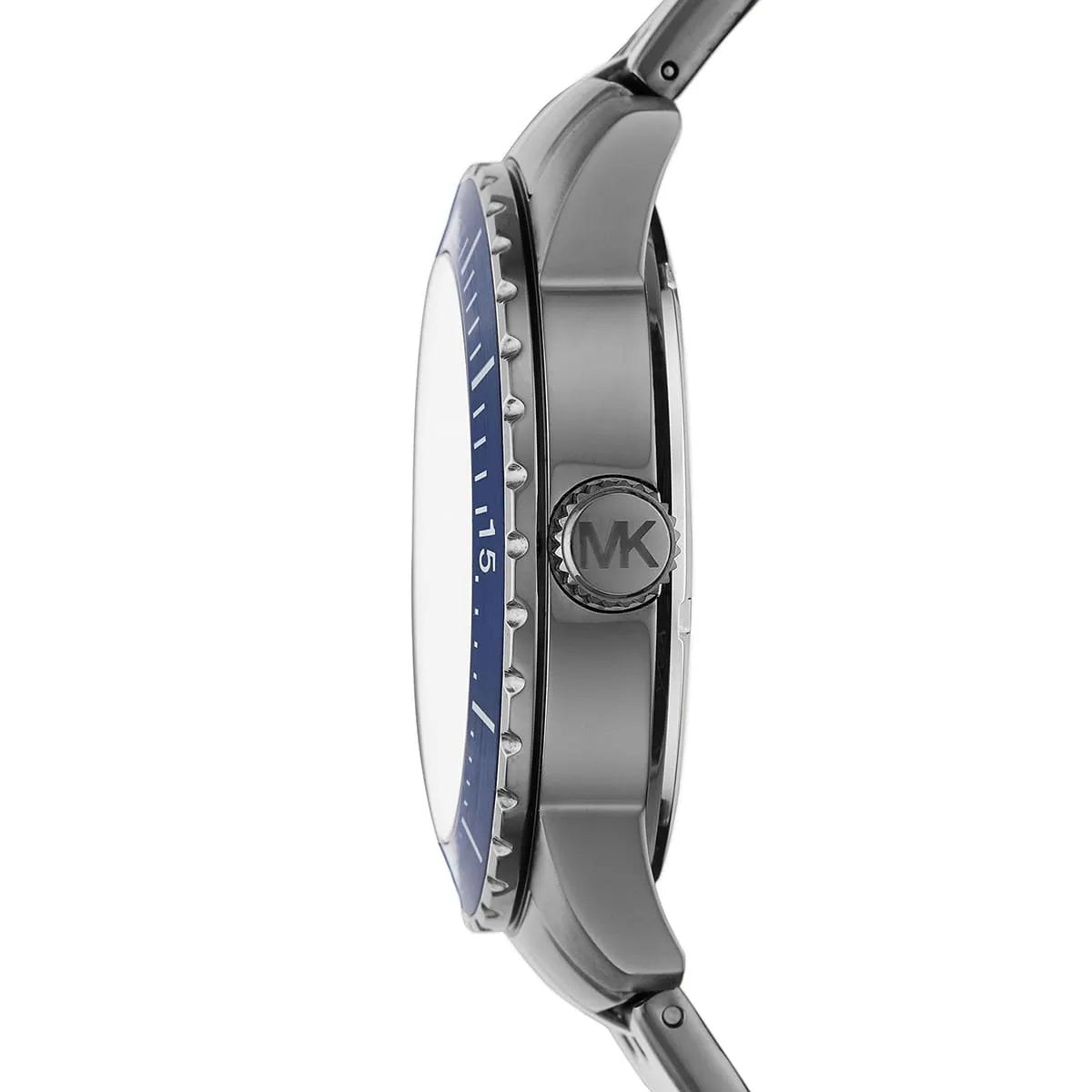 Side profile of Michael Kors Cunningham MK7155 gray stainless steel bracelet watch