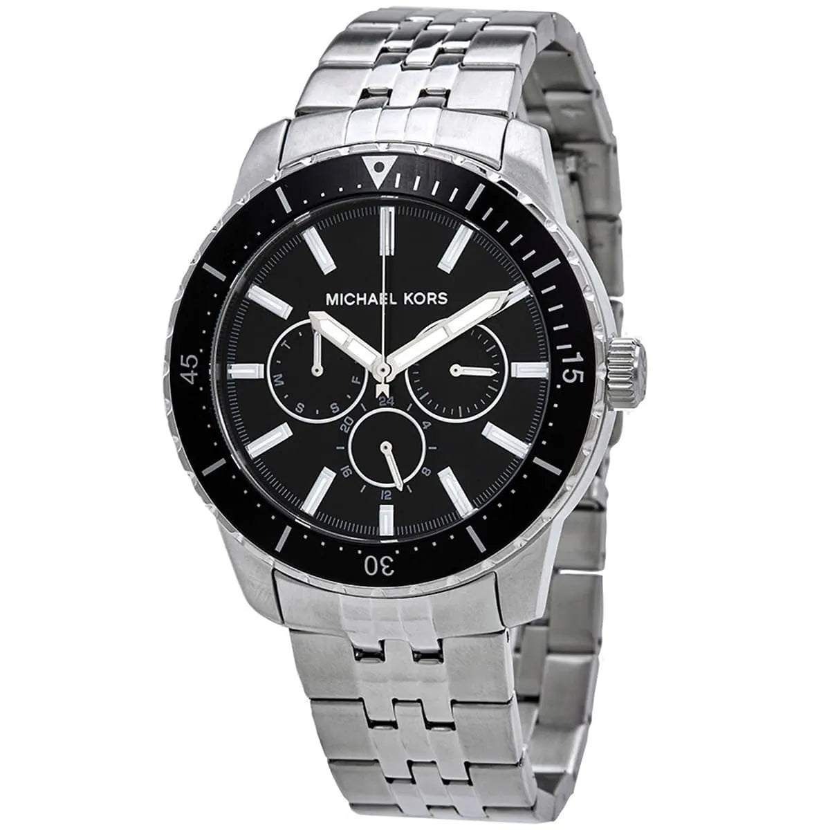 Close-up of Michael Kors MK7156 black analog dial with monthly and weekly date display