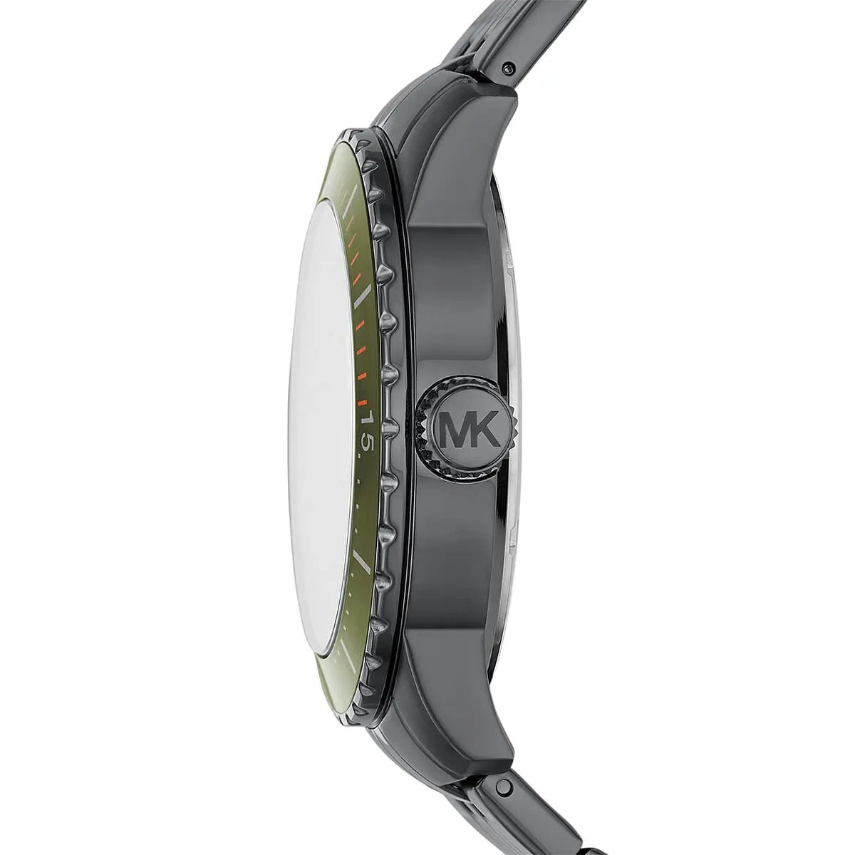 Side profile of Michael Kors Cunningham MK7158 gray stainless steel bracelet watch