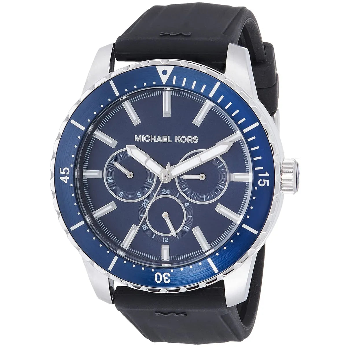Close-up of Michael Kors MK7160 blue analog dial with monthly and weekly date display