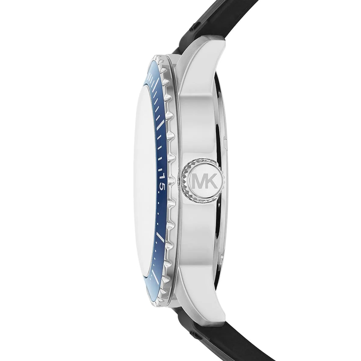 Side profile of Michael Kors Cunningham MK7160 black silicone rubber strap watch