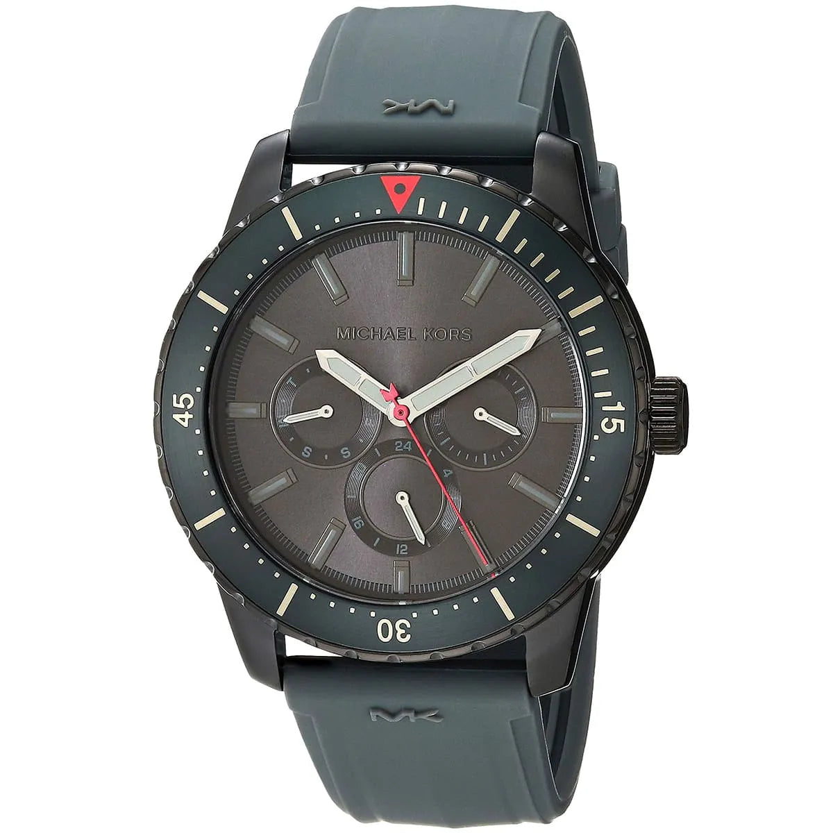 Close-up of Michael Kors MK7164 gray analog dial with monthly and weekly date display