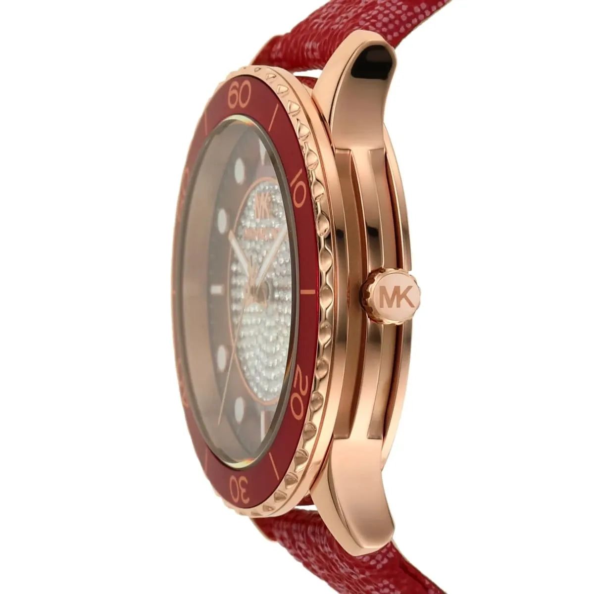 Side profile of Michael Kors Runway MK7179 red polyurethane strap watch