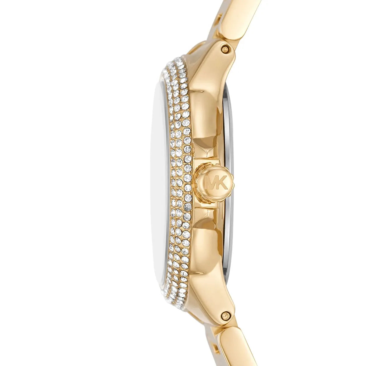 Side profile of Michael Kors Camille MK7196 gold stainless steel bracelet watch