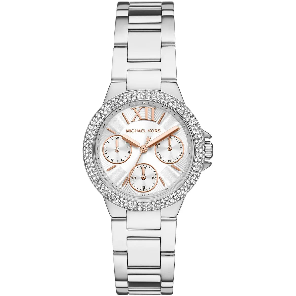 Michael Kors Camille MK7198 women's white dial silver stainless steel watch front view