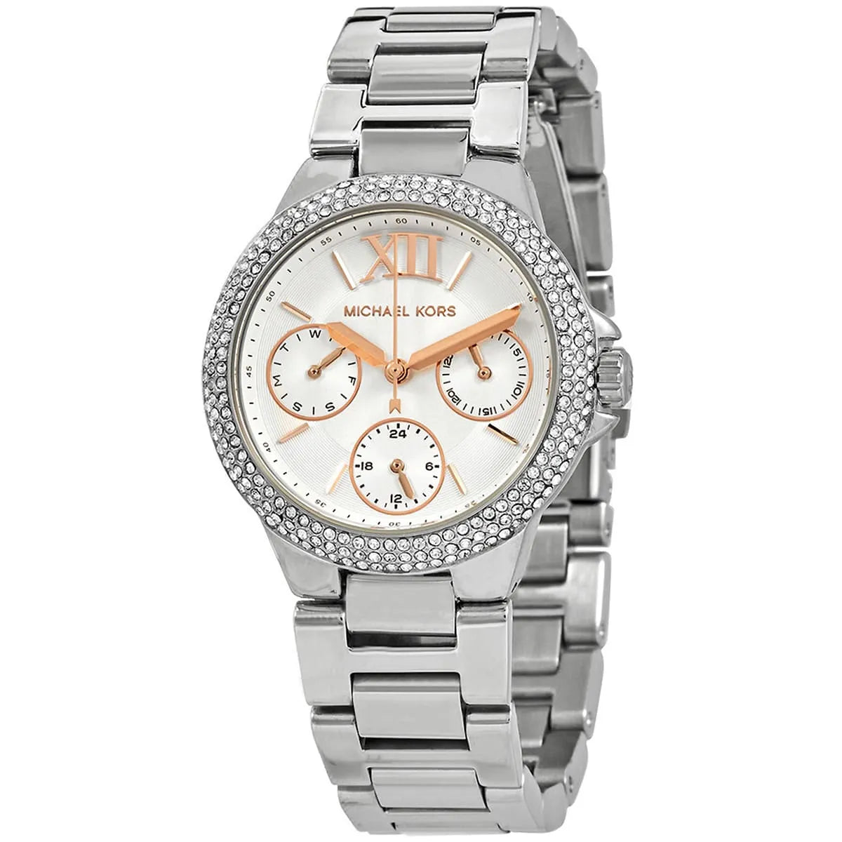 Close-up of Michael Kors MK7198 white analog dial with monthly and weekly date display