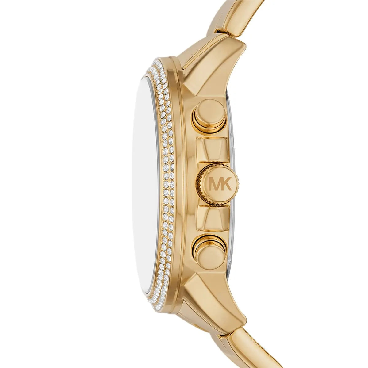 Side profile of Michael Kors Brynn MK7199 gold stainless steel bracelet watch