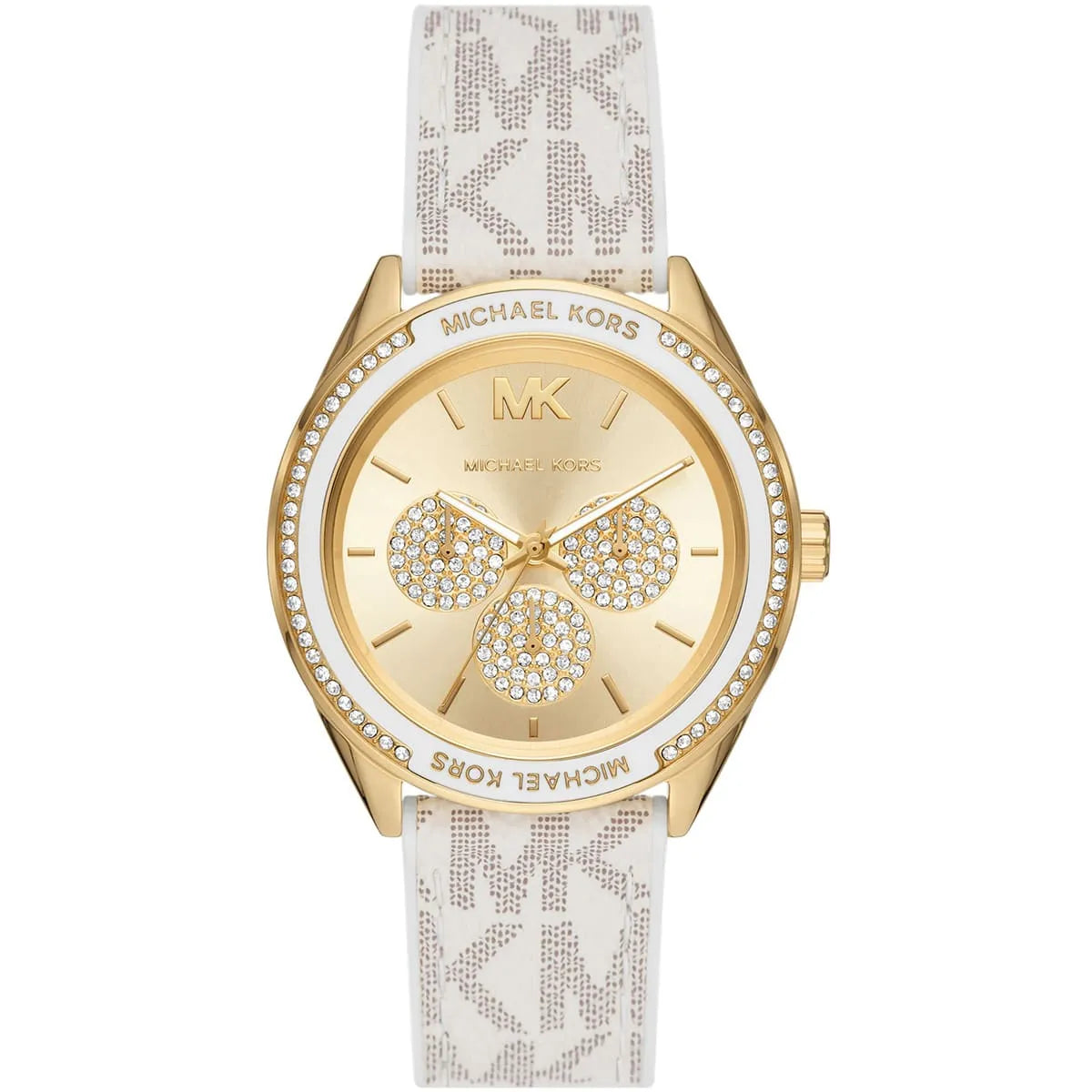 Michael Kors Jessa MK7204 women's gold dial white polyurethane strap watch front view