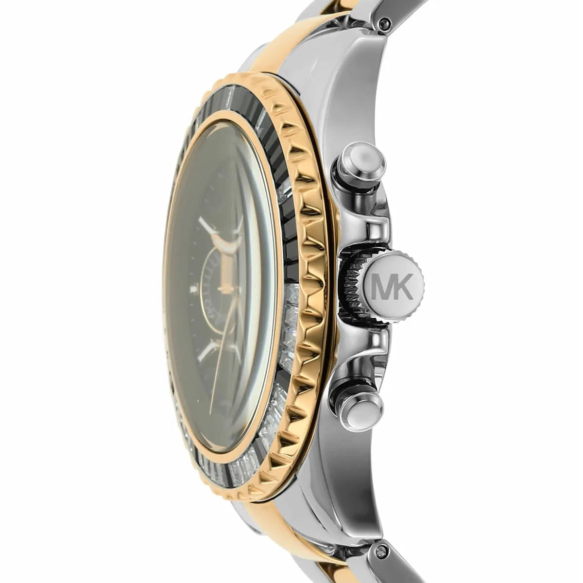 Side profile of Michael Kors Jessa MK7209 silver and gold stainless steel bracelet watch