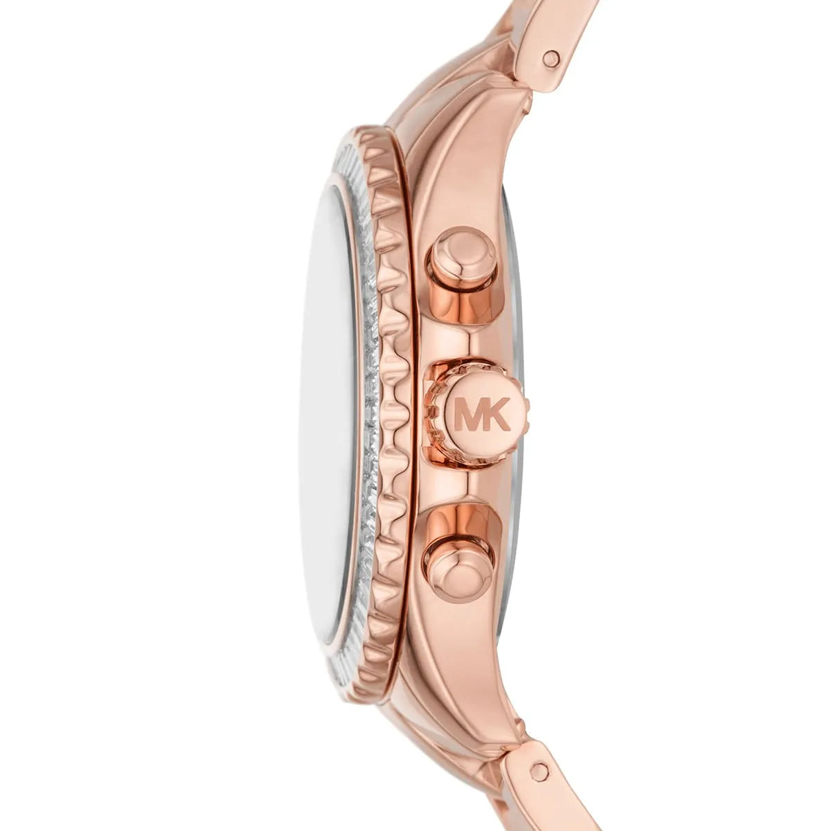 Side profile of Michael Kors Everest MK7213 rose gold stainless steel bracelet watch