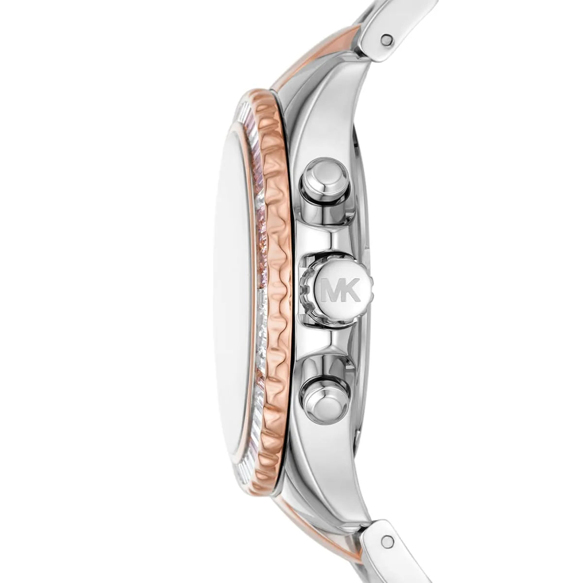Side profile of Michael Kors Everest MK7214 silver and rose gold stainless steel bracelet watch