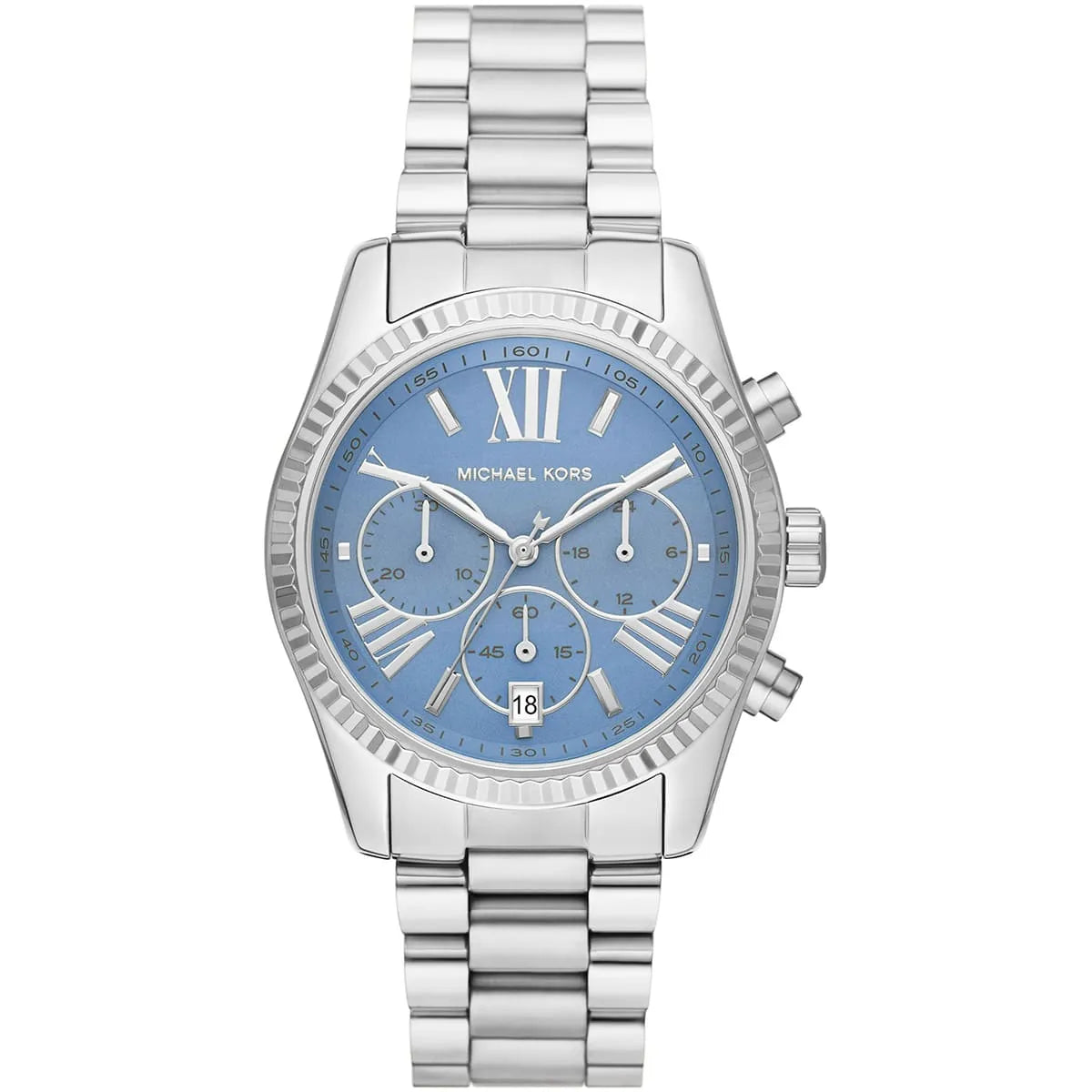 Michael Kors Lexington MK7215 women's blue dial silver stainless steel watch front view