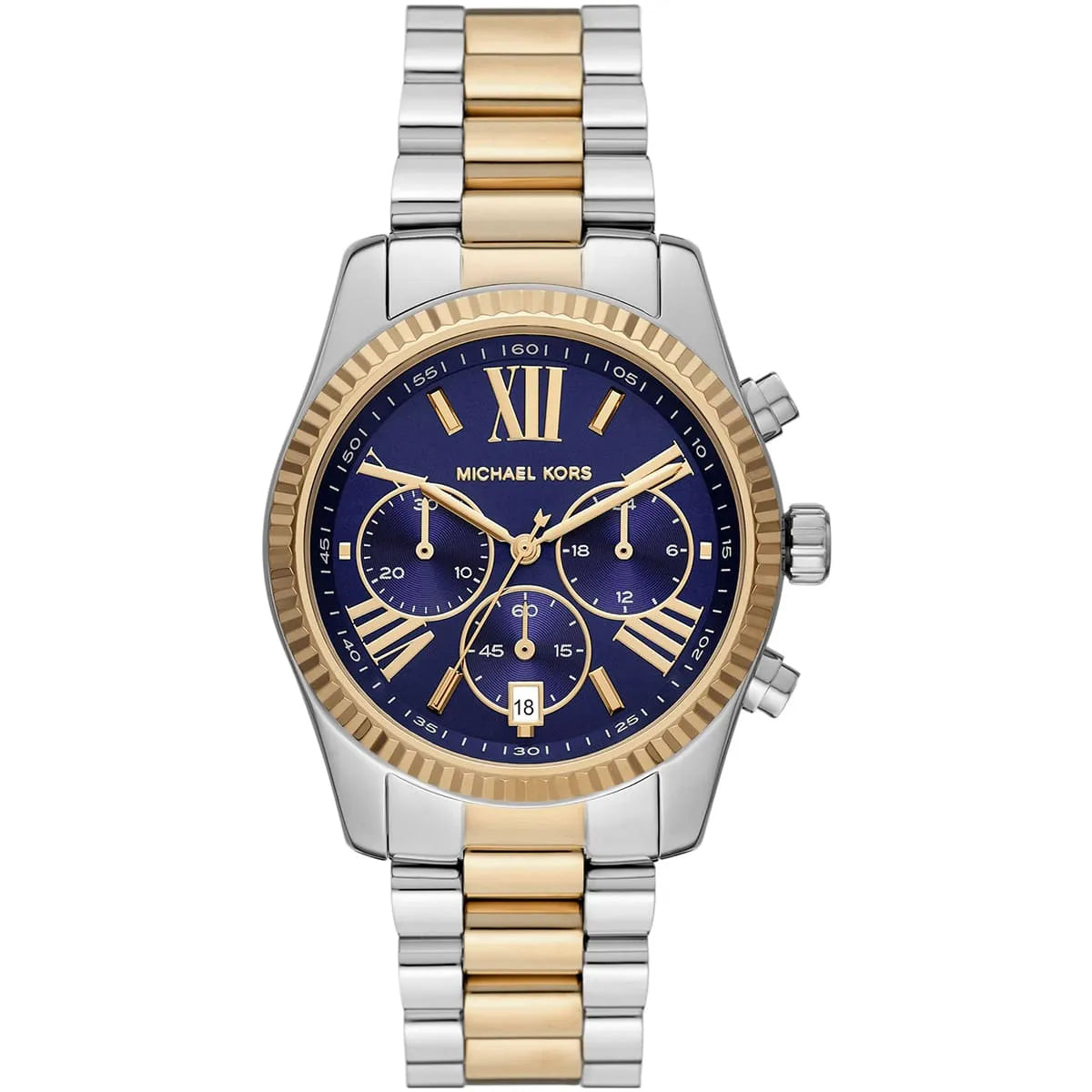 Michael Kors Lexington MK7218 women's blue dial two-tone stainless steel watch front view