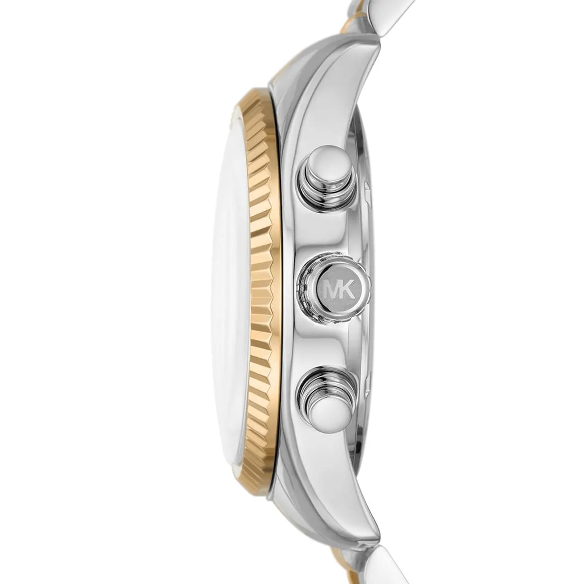 Side profile of Michael Kors Lexington MK7218 silver and gold stainless steel bracelet watch