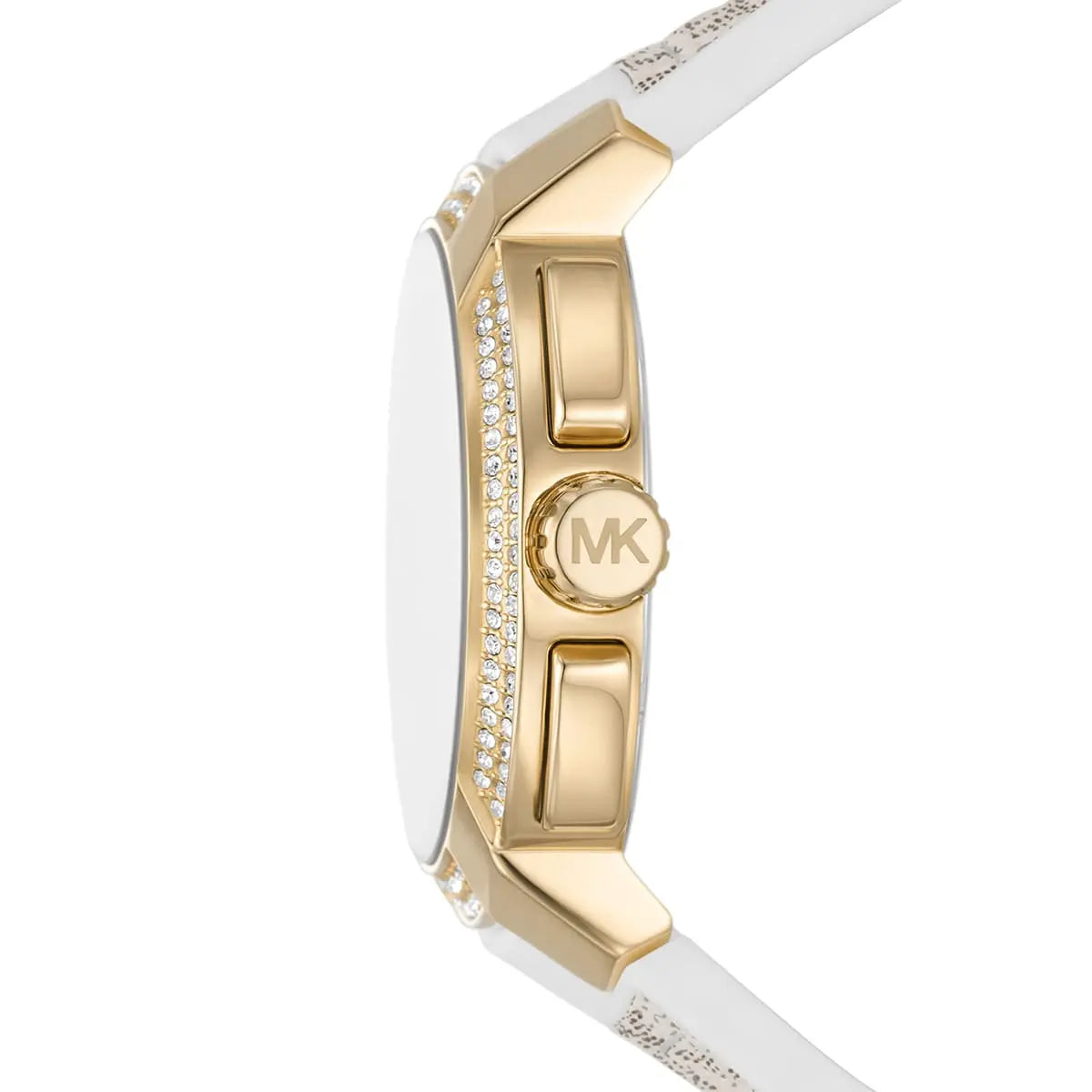 Side profile of Michael Kors Sidney MK7221 white polyurethane strap watch