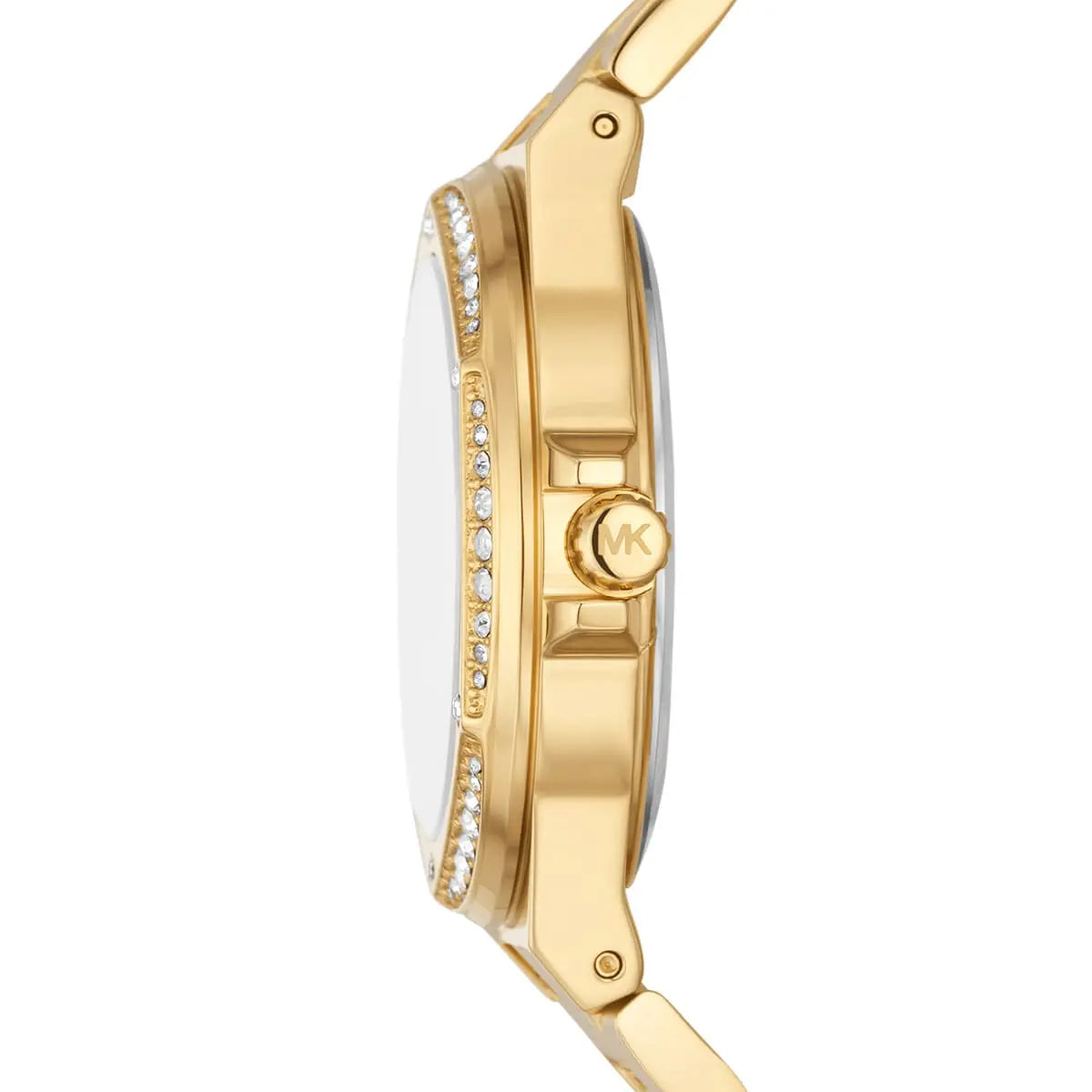Side profile of Michael Kors Lennox MK7229 gold stainless steel bracelet watch