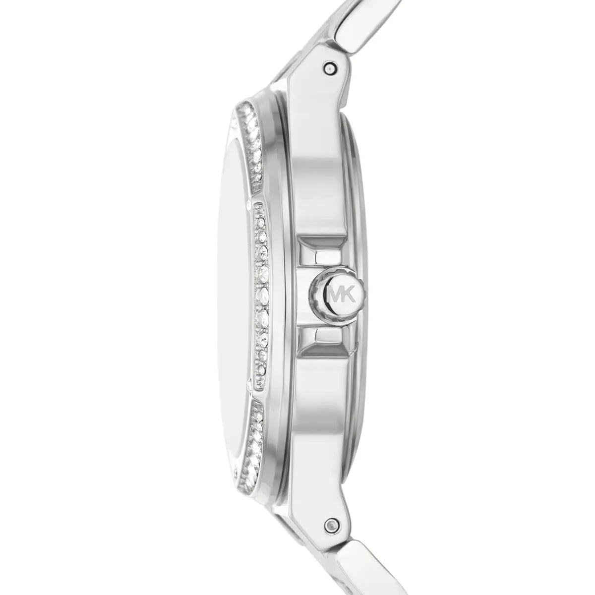 Side profile of Michael Kors Lennox MK7234 silver stainless steel bracelet watch