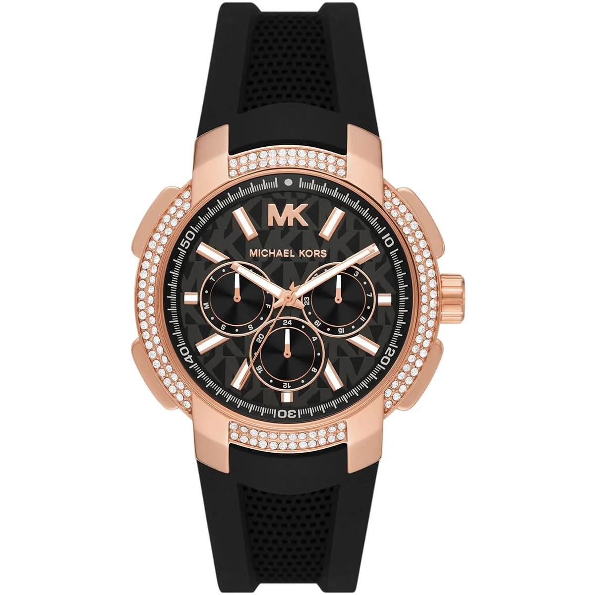 Michael Kors Sidney MK7245 women's black dial black silicone strap watch front view