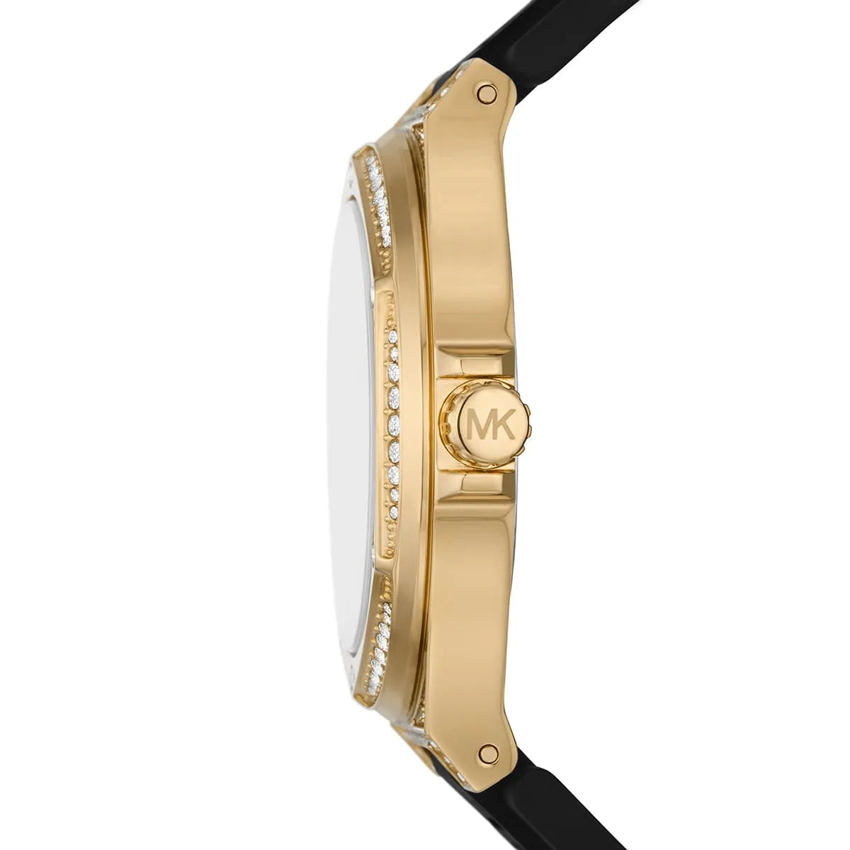 Side profile of Michael Kors Camille MK7247 black silicone rubber strap watch