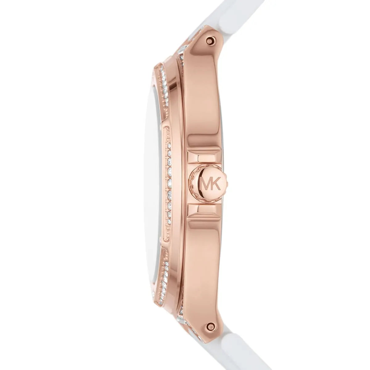 Side profile of Michael Kors Camille MK7248 white silicone rubber strap watch