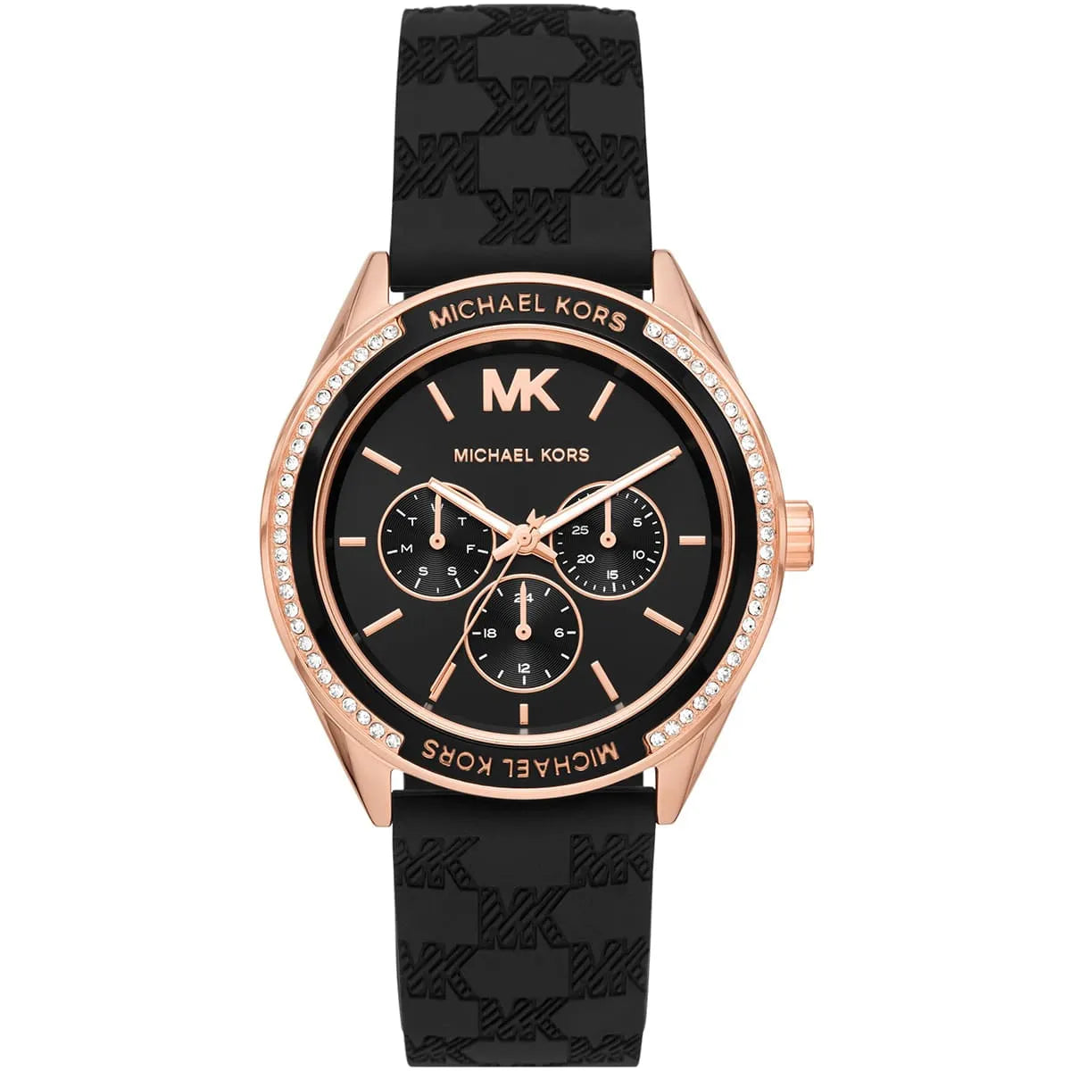 Michael Kors Jessa MK7266 women's black dial black leather strap watch front view